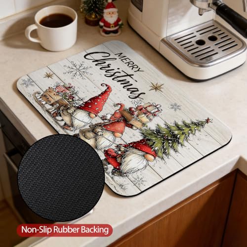 Absorbent Gnome Christmas Dish Drying Mat – Cuttable Countertop Drainer, 15.7x23.6 in, with Non-Slip Backing (Gnome Variant)
