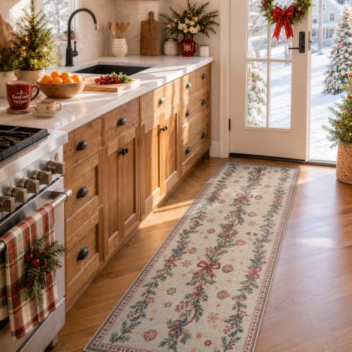 Lahome 2x6 Christmas Runner Rug - Non Slip Faux Jute Hallway Kitchen with Evergreen Bows Snowflakes