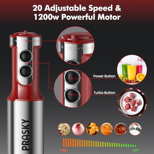 Prasky Red 1200W Handheld Immersion Blender 20-Speed 5-in-1 Kitchen Mixer