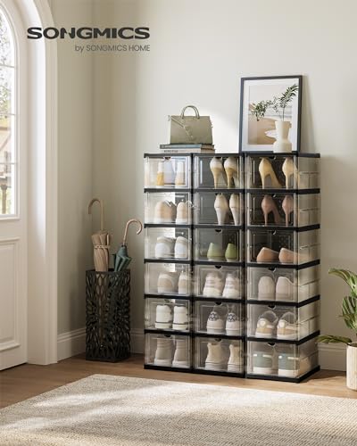 SONGMICS Foldable Shoe Storage Boxes 6-Tier Set with Transparent + Ink Black, Fits US Size 13, 18 Pack