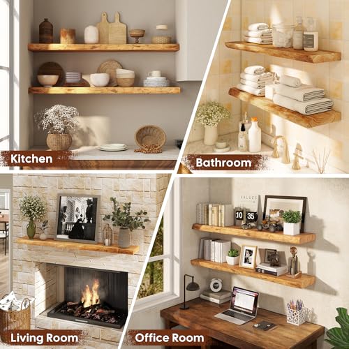 Realgulf 24-Inch Natural Elm Floating Shelves Set of 2 - Live Edge Rustic Wall Storage