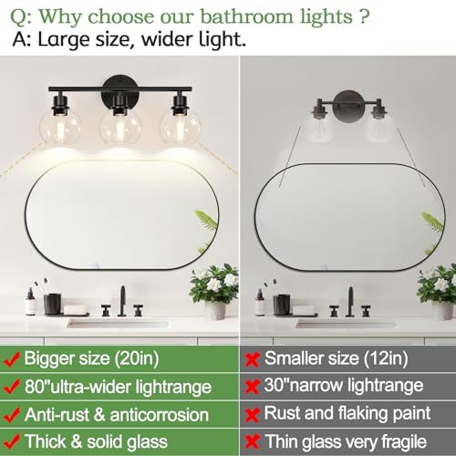 Indoi 3-Light Bathroom Vanity Light Fixture - Matte Black with Clear Glass Globes, Up & Down Mounting