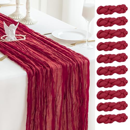 Sioloc Burgundy Red Cheesecloth Table Runner 10 Pack - Fall Holiday Decor, 35x120 inches