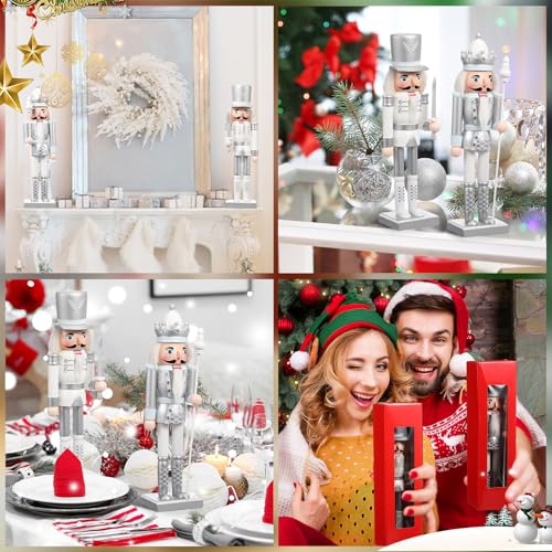 Huwena 2 Pcs Silver King & Soldier Nutcracker Christmas Decor Set