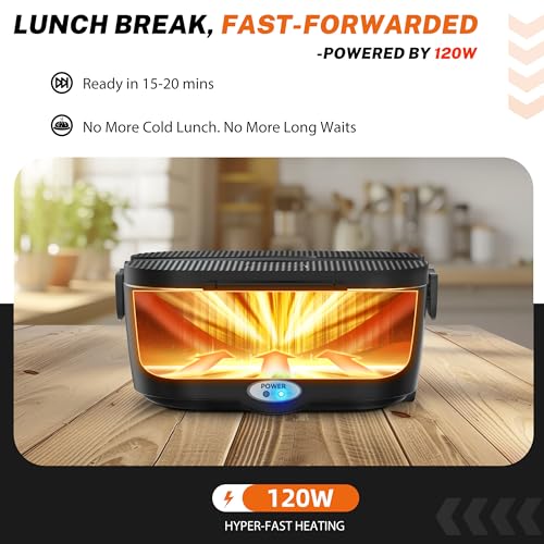 Electric Lunch Box 120W with 1.5L Stainless Steel Containers - Pure Black, Portable 12V/24V/110V