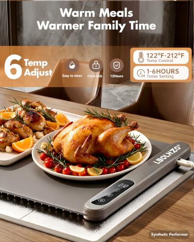 Large Food Warming Mat 36x16 Inches 580W with 6 Temp Settings Grey