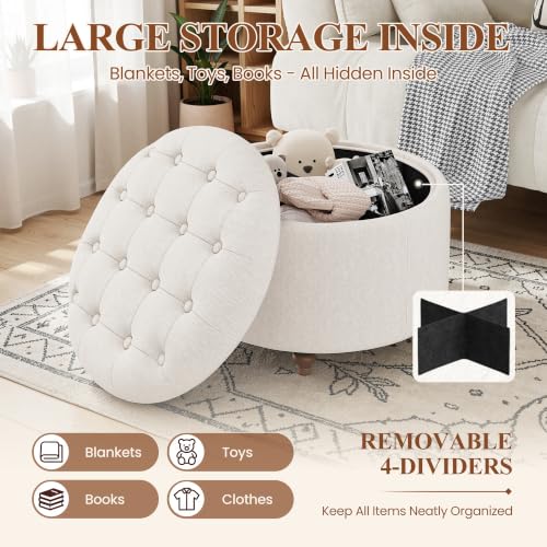 25" Round Ottoman with Storage, Small Coffee Table Reversible Tray Lid