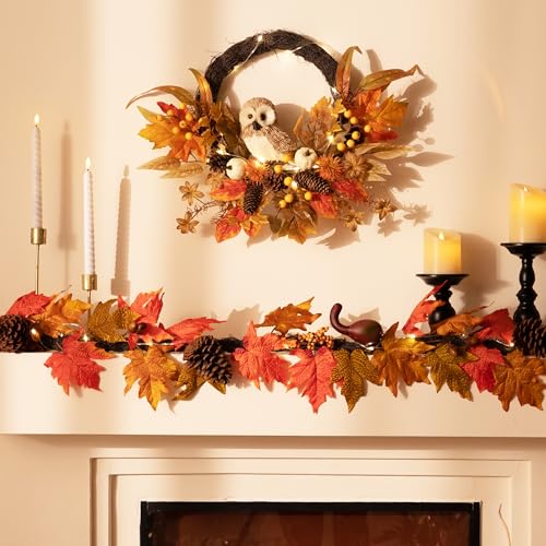 18 Inch Fall Wreath with Owl Pumpkin and LED Lights - Autumn Decor
