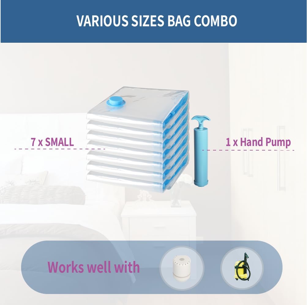 Skiennix Vacuum Storage Bags - 7 Pack Small Space Saver for Clothing & Travel | Includes Hand Pump