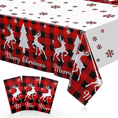 Poqirzan 3Pcs Christmas Tablecloth - Xmas Themed 54 x 108 inch with Tree & Reindeer Pattern - Party Table Decor (Variation: Christmas Tablecloth)