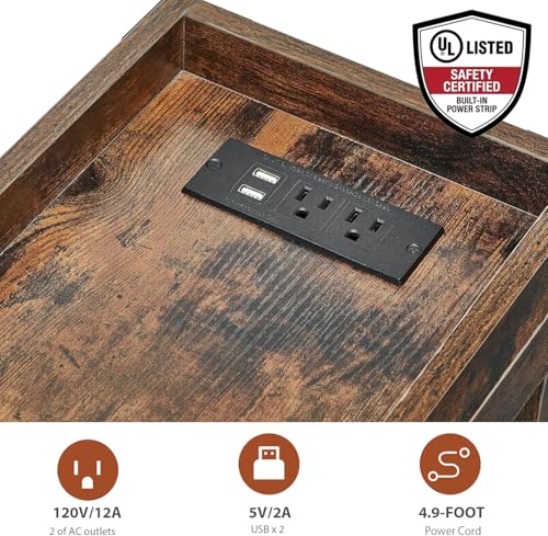 Rustic Brown Narrow End Table with Outlets & USB Charging - Industrial Style, 21.7"