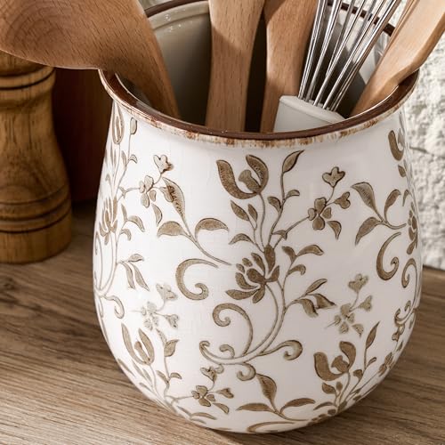 Jemirry Ceramic Utensil Holder for Kitchen Counter with Brown Flower Patterns - Farmhouse Decor