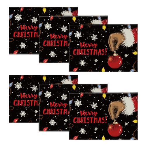 Artoid Mode Xmas Ball Merry Christmas Placemats Set of 6, 12x18 Inch Seasonal Winter Holiday Black Table Mats for Party Kitchen Dining Decoration