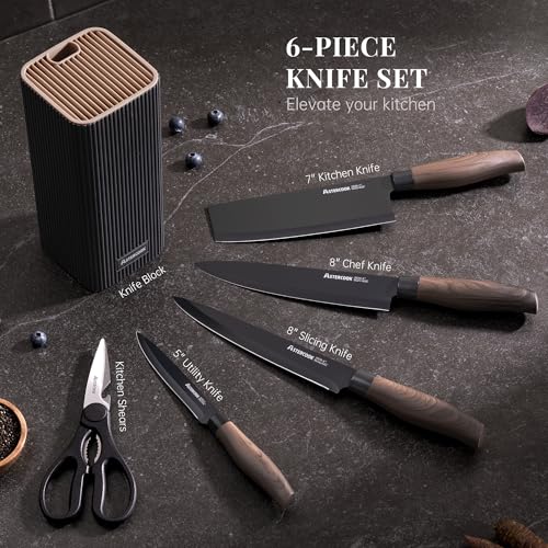 Astercook Black 6-Piece Kitchen Knife Set with Block - High Carbon Stainless Steel, Ultra Sharp, Dishwasher Safe