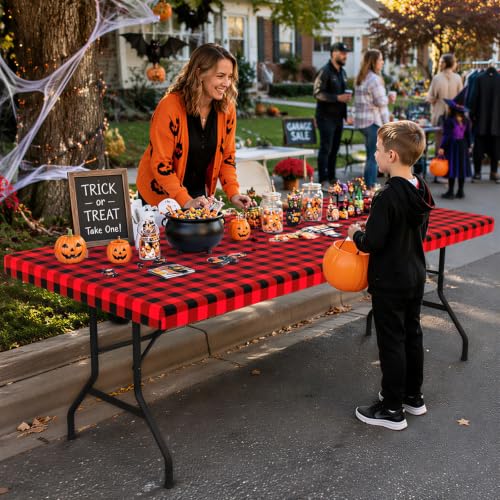 Smiry 72 x 42 inch Flannel-Backed Waterproof Vinyl Tablecloth - Red & Black Gingham, Elastic-Fit Fitted Table Cover