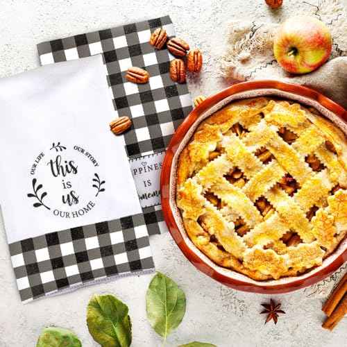 Honoson 4 Pcs Christmas Kitchen Dish Towels Farmhouse Hand Tea Towels Absorbent Quick Dry Dish Cloths Polyester Cleaning Cloth for Christmas Home Gifts Kitchen Supplies(White and Black,Plaid Style)