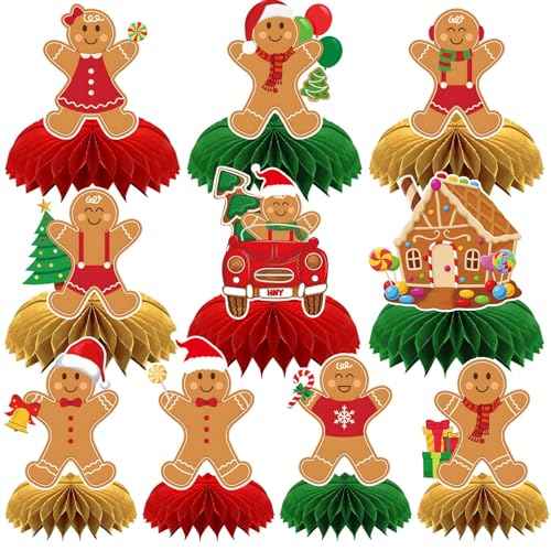 10 Pcs Christmas Honeycomb Centerpieces Gingerbread Christmas Table Centerpiece Gingerbread Decorations for Winter Holiday Merry Xams Party Favor Supplies
