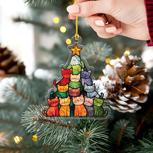 TTMerriwood Stained Glass Cat Christmas Tree Ornament - 4 Inch Acrylic Suncatcher
