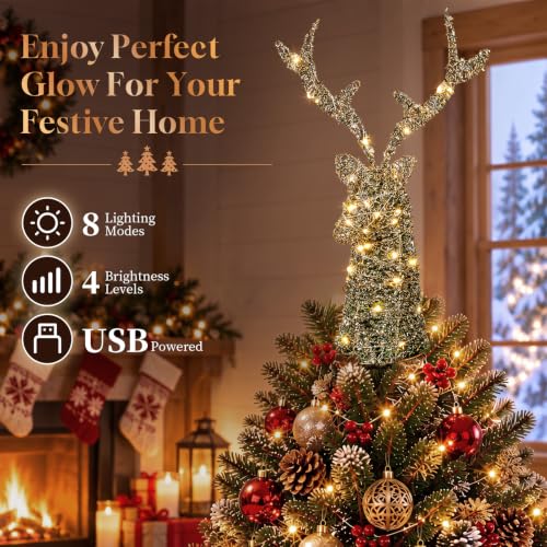Lewondr C-Black Gold Rustic Lighted Deer Tree Topper - Christmas Reindeer Decor