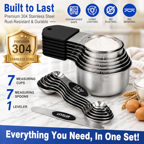 Black Magnetic Measuring Cups and Spoons Set - 15 pcs Stainless Steel Kitchen Utensils