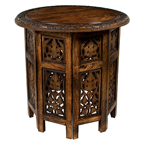 Antique Brown 18-inch Hand-Carved Wooden End Table | Folding Accent Side Table