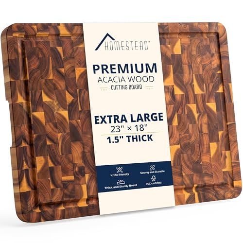 HOMESTEAD Natural End Grain Acacia Wood Cutting Board 23x18 with Juice Groove & Handles
