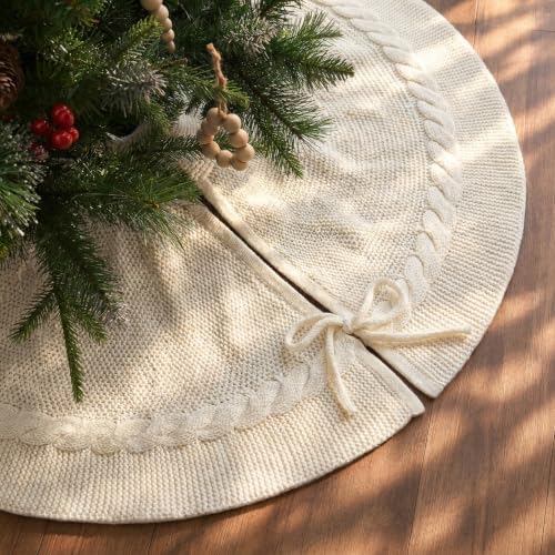 Yuboo Cream Cable Knit Christmas Tree Skirt 36 Inch Boho Farmhouse Decor