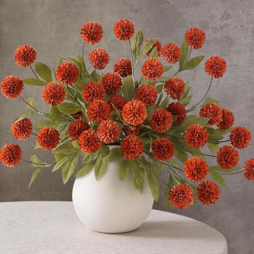 Artificial Fall Pompon Mum Stems - 12 Orange Silk Flowers for Vase Decor, 27 Inches - Creative Autumn Home Decor