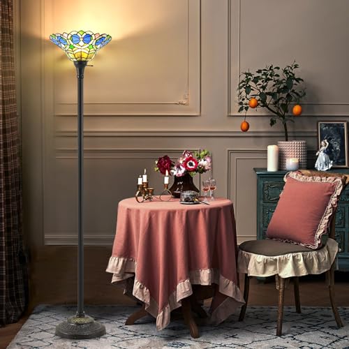 Tiffany Style Floor Lamp with Stained Glass Shade - 70" Torchiere for Living Room