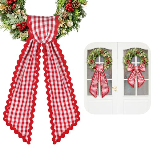 HOMEBROS Red and White Plaid Wreath Sash with Trim, 56" Front Door Decor