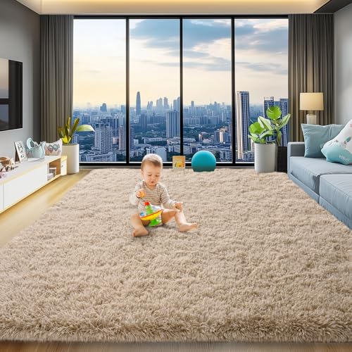 Light Tan 8x10 Shag Area Rug for Living Room - Plush Modern Carpet