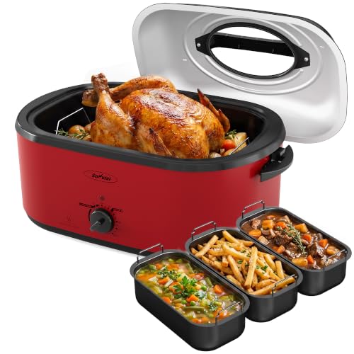 Sunvivi Red 28QT Electric Roaster Oven with Buffet Server for Large Turkey