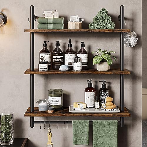 Wall-Mounted Industrial Pipe Shelving with Towel Bar - Rustic Brown, 31.5 Inch