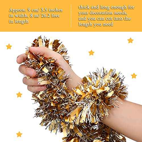 Geosar 26.2 Feet Christmas Tinsel Garland Decoration Metallic Tinsel Twist Garland Halloween Christmas Tree Artificial Hanging Ornament for Birthday Party Decoration(Light Gold, Silver)