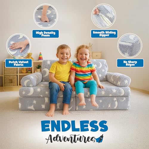 Kids Modular Play Couch Set with Glow in the Dark Stars - 10 Pieces for Imaginative Playroom & Bedroom