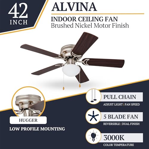 42 Inch Ceiling Fan with Light - Silver Finish, Reversible Blades & Remote Control