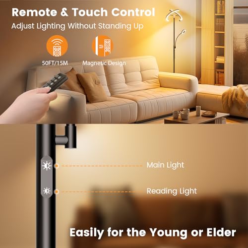 Black LED Floor Lamp with Reading Light - Dimmable Tall Standing Lamp with Remote & Touch Control for Living Room & Bedroom