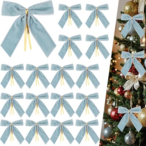 Christmas Velvet Bows Light Blue 24 Pack ? 3.5 Inch Holiday Tree Ornaments with Twist Tie Decorative Ribbon Bows for Christmas Tree, Wreath, Gift Wrapping & Party Decoration