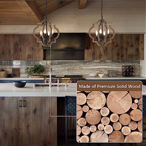 Brown Farmhouse Chandelier Light Fixture - 4-Light Rustic Wood Pendant for Dining Room & Kitchen