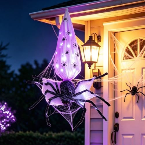 Halloween Animatronic Hanging Spider Decoration - 3FT Sound & Touch Activated with Egg Sack - Outdoor Indoor Haunted House Decor - Variation: Spider