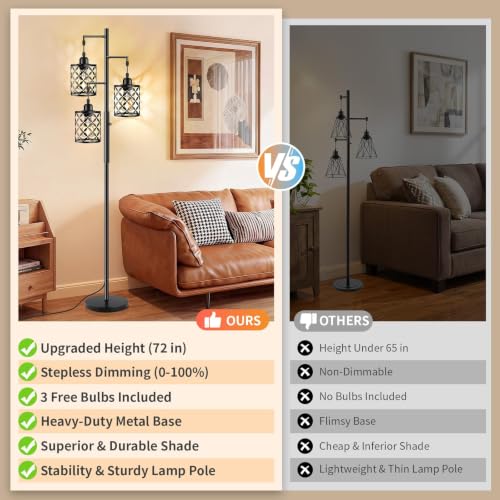 72-Inch Dimmable Industrial Floor Lamp with Quatrefoil Shade & 3 LED Bulbs - Black 800LM