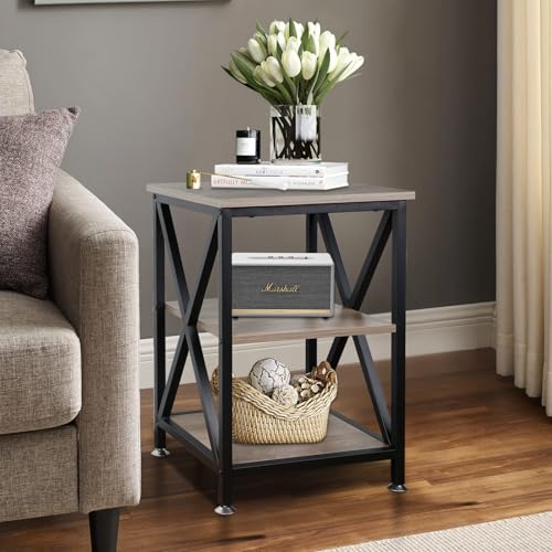 Set of 2 End Tables for Living Room - 16 x 16 x 24 Inches with Storage Shelf, Farmhouse Style, X-Shaped Night Stands