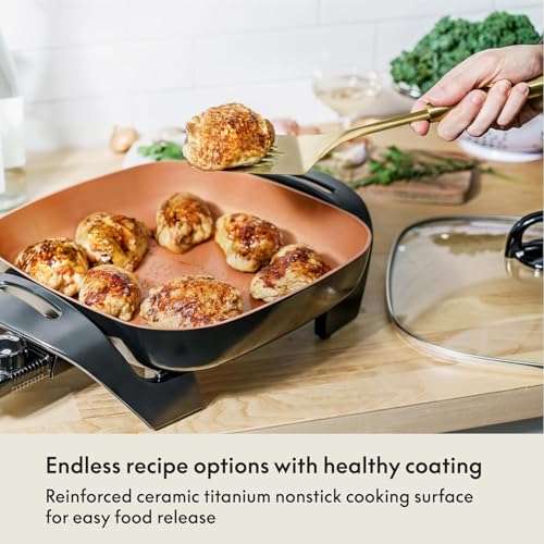 BELLA 12x12 Copper Electric Skillet & Frying Pan with Glass Lid, Non-Toxic