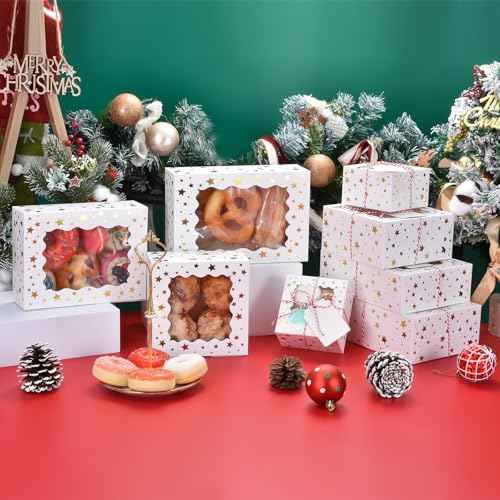 10pcs Christmas Cookie Boxes with Window£¬8x6x2.5in Bakery Boxes for Cookies, Xmas Gold Foil Star Treat Boxes for Gift Giving£¬Cookie Tins Pastry Dessert Cupcakes Candy Donut Packaging