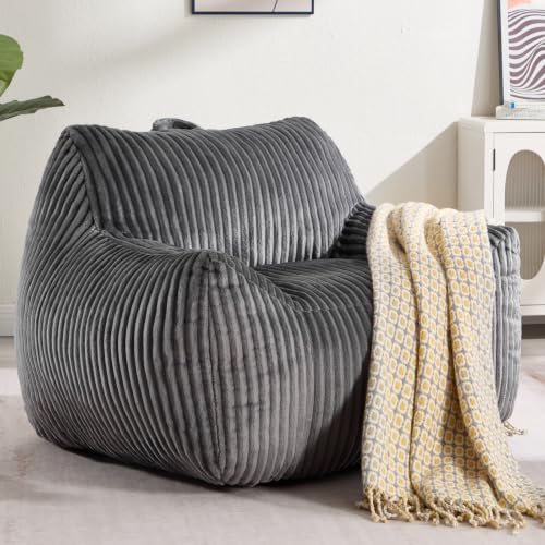 Dark Grey Plush Large Bean Bag Chair for Adults with Armrests & Back Support