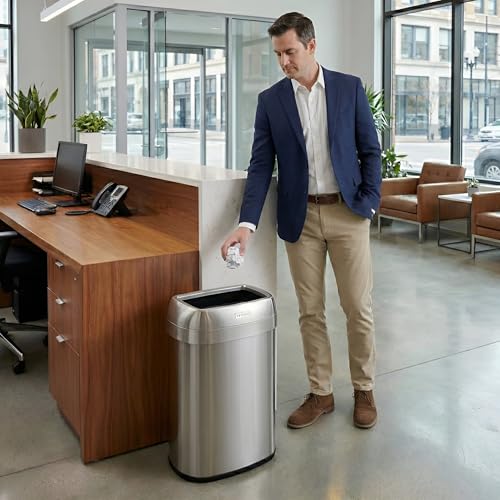 Silver 13 Gallon Open Top Trash Can - Oval Stainless Steel Waste Bin with Odor Filters