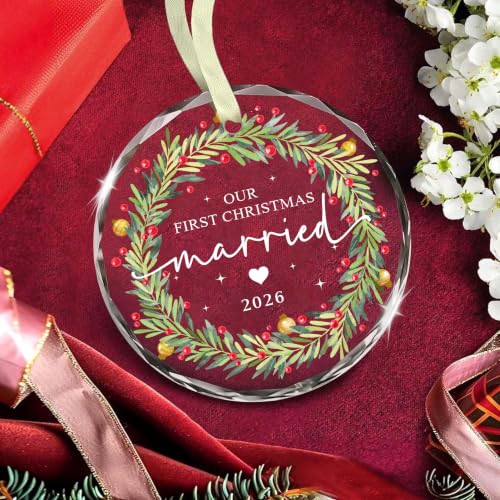 Our First Christmas Married 2026 Ornament – Glass Wreath Gift for Couples (With Navy Box)