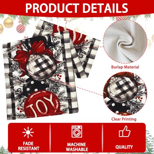 White and Black Buffalo Plaid Christmas Table Runner,Christmas Balls Joy Pine Branch Seasonal Winter Kitchen Tabletop Runner for Indoor Outdoor Dining Table Decoration13x72 Inch