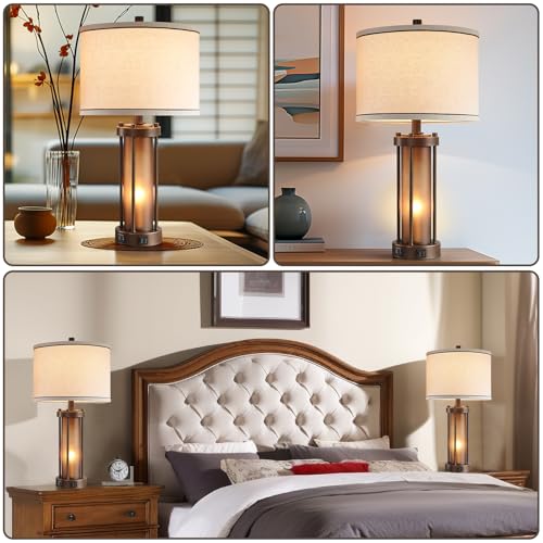 Set of 2 Rustic Farmhouse Table Lamps with USB Charging Ports - Brown