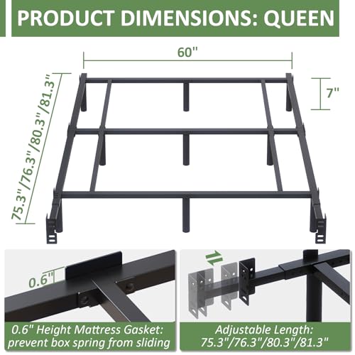 Mashomdec Queen Metal Bed Frame - 7-Inch Low Profile Adjustable Platform Bed, Heavy Duty, Noise-Free, Easy Assembly, Black